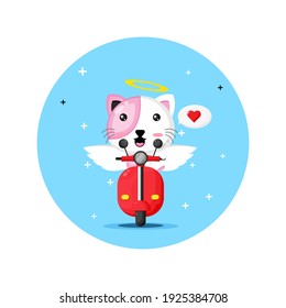 Cute cupid cat riding classic motorbike