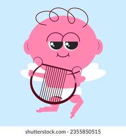 Cute cupid character. Angel mascot in flat style. Vector illustration. Cupid with a harp.