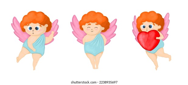 Cute cupid character with arrows and hearts. Valentine's Day Eleient. Angel with wings.