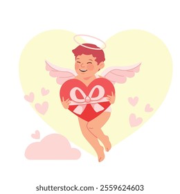 Cute cupid character design, various postures with heart and love, valentine vibes. Flat vector illustration in cartoon style.