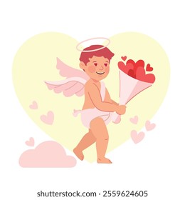 Cute cupid character design, various postures with heart and love, valentine vibes. Flat vector illustration in cartoon style.