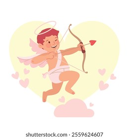 Cute cupid character design, various postures with heart and love, valentine vibes. Flat vector illustration in cartoon style.