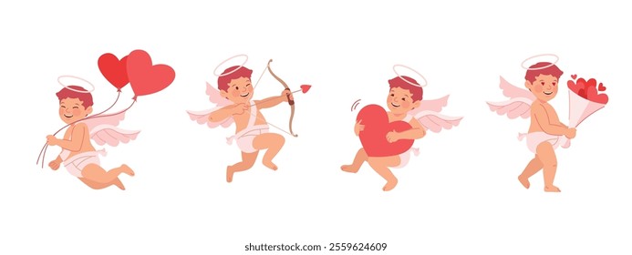 Cute cupid character design, various postures with heart and love, valentine vibes. Flat vector illustration in cartoon style.