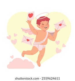 Cute cupid character design, various postures with heart and love, valentine vibes. Flat vector illustration in cartoon style.