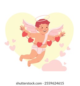 Cute cupid character design, various postures with heart and love, valentine vibes. Flat vector illustration in cartoon style.