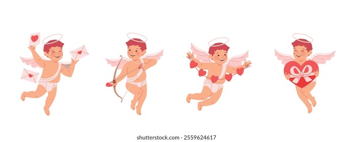 Cute cupid character design, various postures with heart and love, valentine vibes. Flat vector illustration in cartoon style.