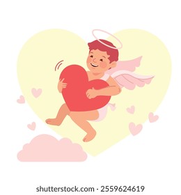 Cute cupid character design, various postures with heart and love, valentine vibes. Flat vector illustration in cartoon style.