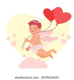 Cute cupid character design, various postures with heart and love, valentine vibes. Flat vector illustration in cartoon style.