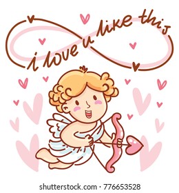 Cute Cupid Character with lettering calligraphy text on romantic pink background with hearts. I love you infinitely. Hand drawn Valentine Day illustration in cartoon style for greeting card