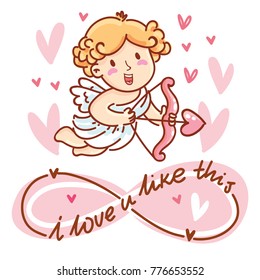 Cute Cupid Character with lettering calligraphy text on romantic pink background with hearts. I love you infinitely. Hand drawn Valentine Day illustration in cartoon style for greeting card