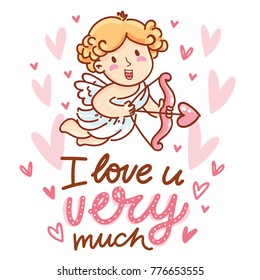 Cute Cupid Character with lettering calligraphy text on romantic pink background with hearts. I love you very much. Hand drawn Valentine Day illustration in cartoon style for greeting card