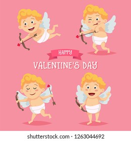 Cute Cupid character set in different poses. Happy Valentine's day template in cartoon style, love letter with lettering