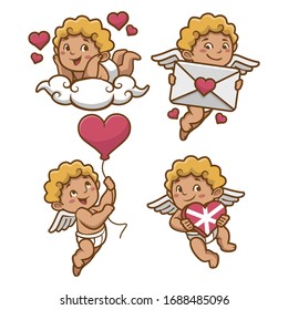 Cute Cupid character set in different poses. Happy Valentine's day template in cartoon style