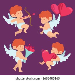 Cute Cupid character set in different poses. Happy Valentine's day template in cartoon style