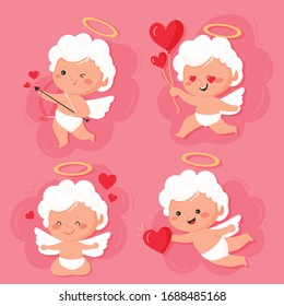 Cute Cupid character set in different poses. Happy Valentine's day template in cartoon style