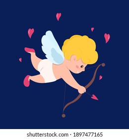 Carácter cupido 
disparen una flecha. Feliz día de San Valentín ilustrando el estilo de las caricaturas planas