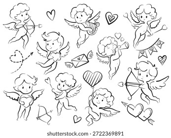 Coleção de Personagens Cupidos Bonitos em Estilo Doodle para o Dia dos Namorados. Grande coleção de bonitinhos cupido meninos no estilo doodle. Amors com arcos e flechas, cupido com balão, alaúde e coração. Ilustração perfeita para faixas, cartões, convites e promoções do Dia dos Namorados.