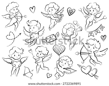 Cute Cupid Characters Collection in Doodle Style for Valentines Day. Large collection of cute cupid boys in doodle style. Amors with bows and arrows, cupid with balloon, lute and heart. Illustration perfect for Valentines Day banners, cards, invitations and promotions.
