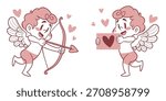 Cute cupid characters with heart bow and love letter vector illustrations