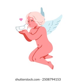 Lindo cupido, querubín sosteniendo y besando paloma. Adorable chica ángel, personaje infantil para el romántico día de San Valentín. Encantador niño angelical con alas. Ilustración vectorial plana aislada sobre fondo blanco