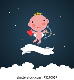 Cute cupid in the dark sky. Vector illustration for the Valentine`s day.