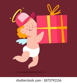 Cute cupid delivers gift box for Valentines day, vector illustration isolated on background.