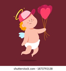 Cute cupid delivers heart shaped balloons, cartoon character vector isolated on background.