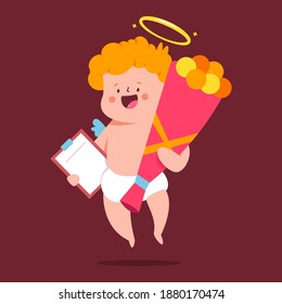 Cute cupid delivery with flower bouquet vector cartoon character isolated on background.