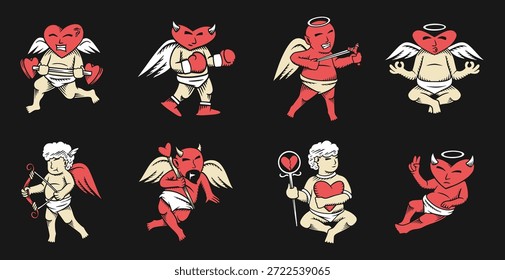 Cupido bonito e diabo vetor caricatura caricatura personagens ilustração coleção de design