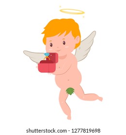 Cute cupid with a diamond engagement ring in red box. Valentine's Day vector cartoon amur character with angel wings and halo isolated on white background.