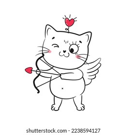 Cute cupid doodle cat. Valentine's day vector illustration.