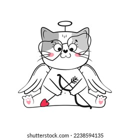 Cute cupid doodle cat. Valentine's day vector illustration.