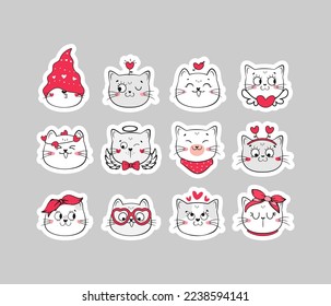 Cute cupid doodle cats stickers. Valentine's day vector illustration.