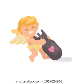 Cute cupid dragging a big heavy love bomb. Valentines Day flat character illustration