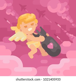 Cute cupid dragging a heavy love bomb with military planes and missiles launching in the background. Valentines Day concept flat illustration