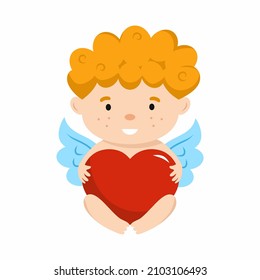 Cute cupid embraces big red heart. Vector character for Valentine Day. Postcard for February 14. Design element.