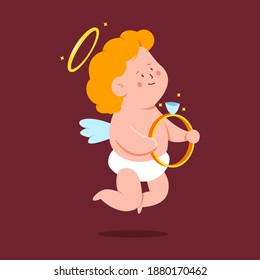 Cute cupid with engagement diamond ring vector cartoon character isolated on background.