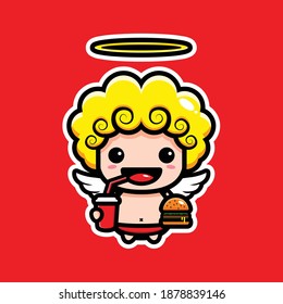 cute cupid is enjoying food and drink