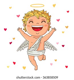 Cute Cupid. Excellent gift card for Valentine's Day. Vector illustration on white background.