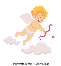 Aterrizar y apuntar cupido con flechas e ilustración vectorial de arco. adecuado para la tarjeta de felicitación de San Valentín