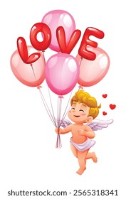 Cute cupid flying with pink and red 'LOVE' balloons surrounded by love hearts. Vector cartoon illustration