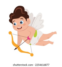 Cute Cupid está volando y planea disparar una flecha desde un arco. Día de San Valentín.