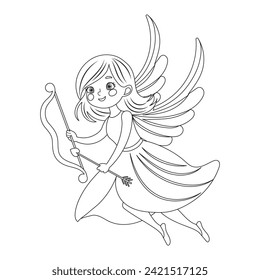Cute cupid girl with bow and arrow, angel girl, cherub princess. Linear drawing for coloring book, sketch. Vector