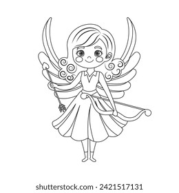 Cute cupid girl with bow and arrow, angel girl, cherub princess. Linear drawing for coloring book, sketch. Vector