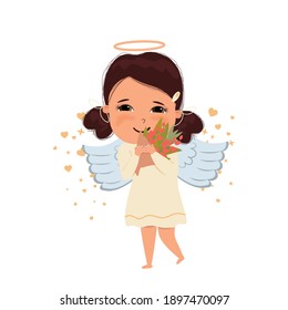 Cute cupid girl character with flowers. Happy Valentine's day vector illustration. Cute baby  angel. Adorable child with wings in cartoon style. Love is magic. Angelic beings on white background
