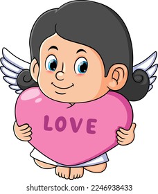 The cute cupid girl is holding the love pillow of illustration