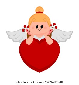 Cute cupid girl on a heart shape. Valentine day. Vector illustration design