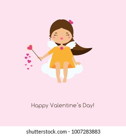 Cute Cupid girl sitting on cloud and spreading love hearts. St Valentines day background. For Party invitation, greeting card and other romantic love design