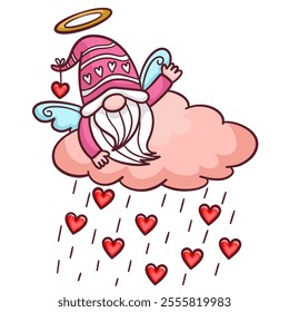 Cute Cupid Gnome with heart Rain in Valentines illustration by hand drawn.