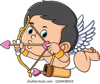 The cute cupid is going to shoot a love arrow to someone of illustration